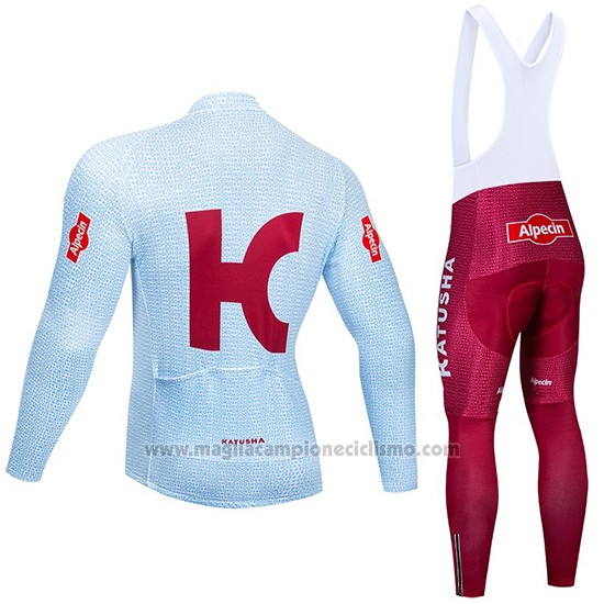 2019 Abbigliamento Ciclismo Katusha Alpecin Chiaro Blu Rosso Manica Lunga e Salopette